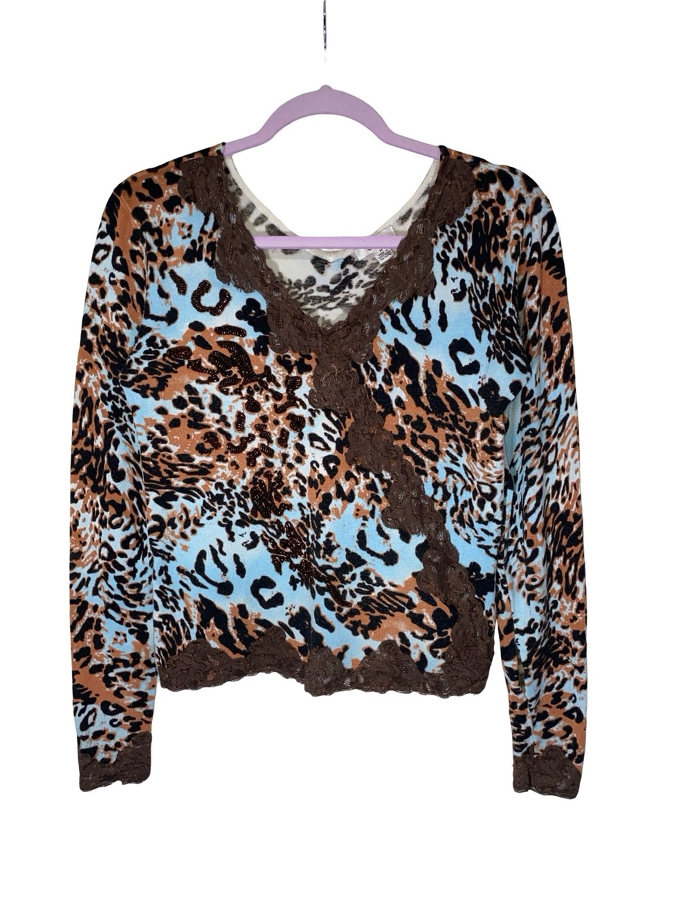 Cachรฉโ y2k Vintage Faux-Wrap / V-Neck Long Sleeve Blouse animal print lace trim